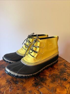 Women's Sorel Out N About Waterproof Yellow Leather Rain Boots, 8.5, NL2511-731